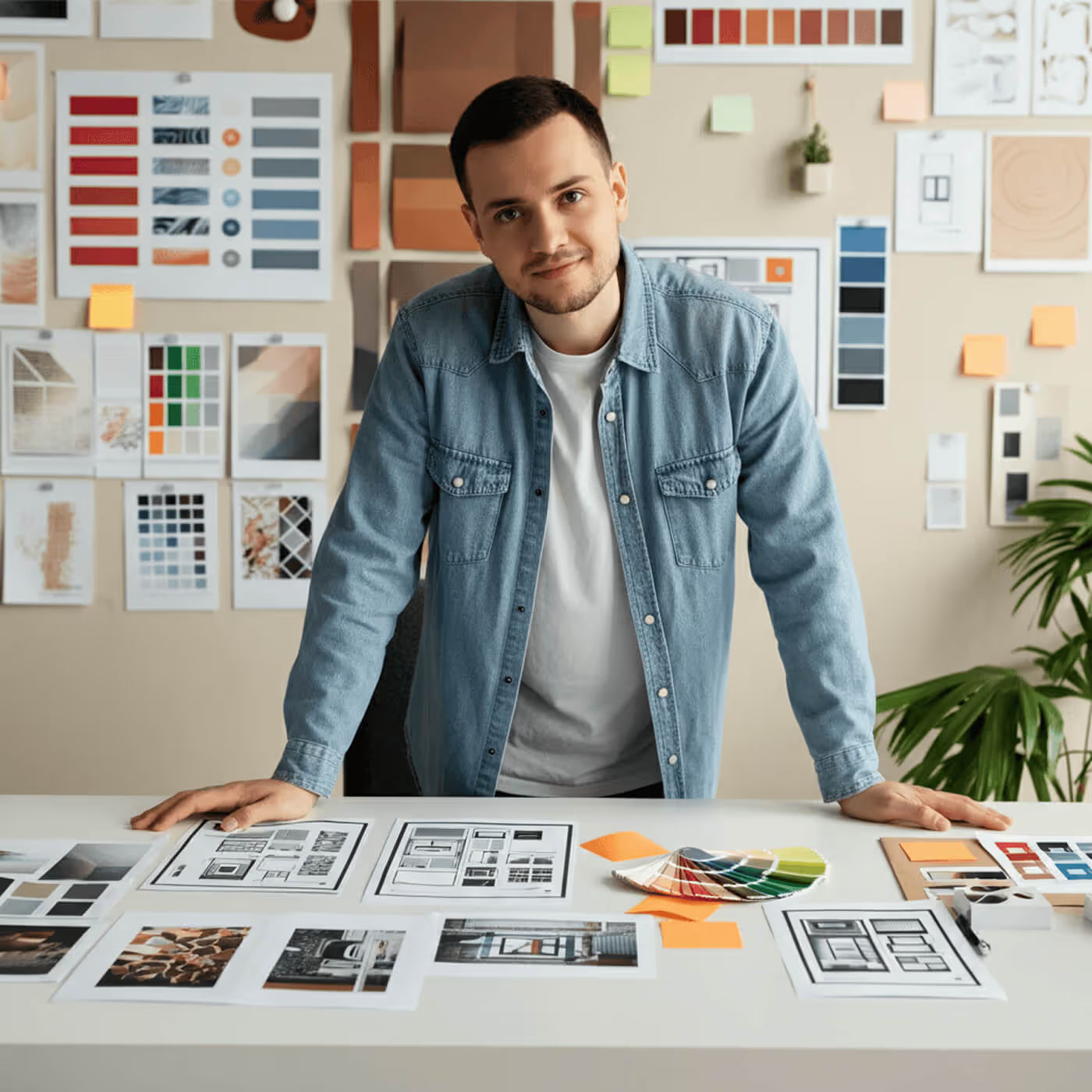 Equipe criando projeto gráfico em conjunto com o cliente, com sugestão de materiais e acabamentos