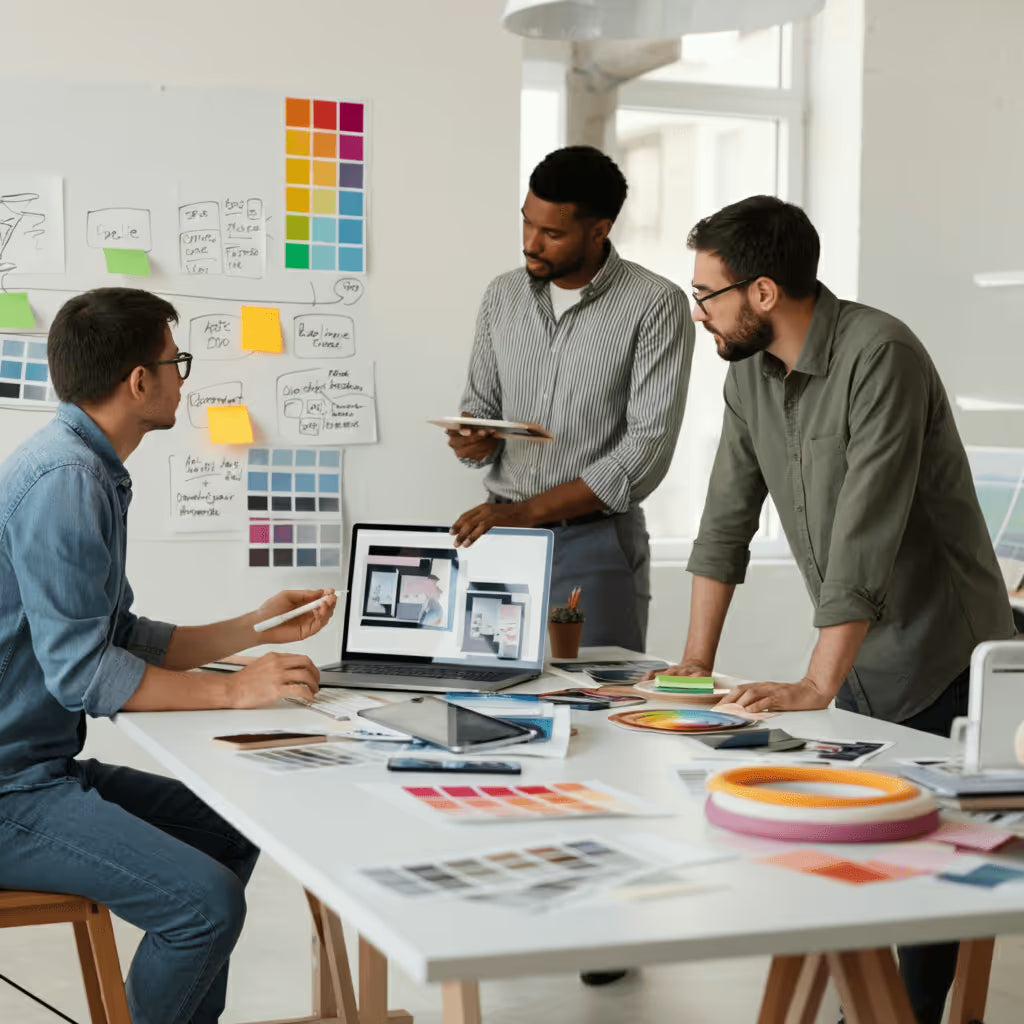 Equipe auxiliando na criação de layouts e soluções gráficas personalizadas a partir da ideia do cliente
