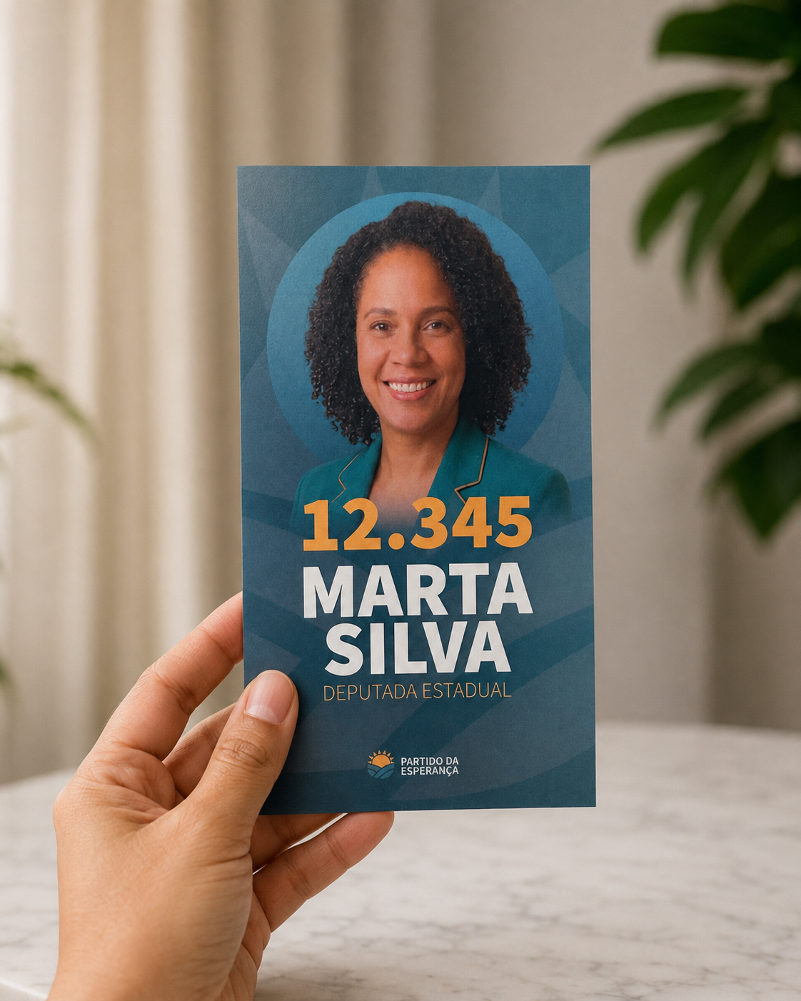 Santinho eleitoral apresentado em uma mão